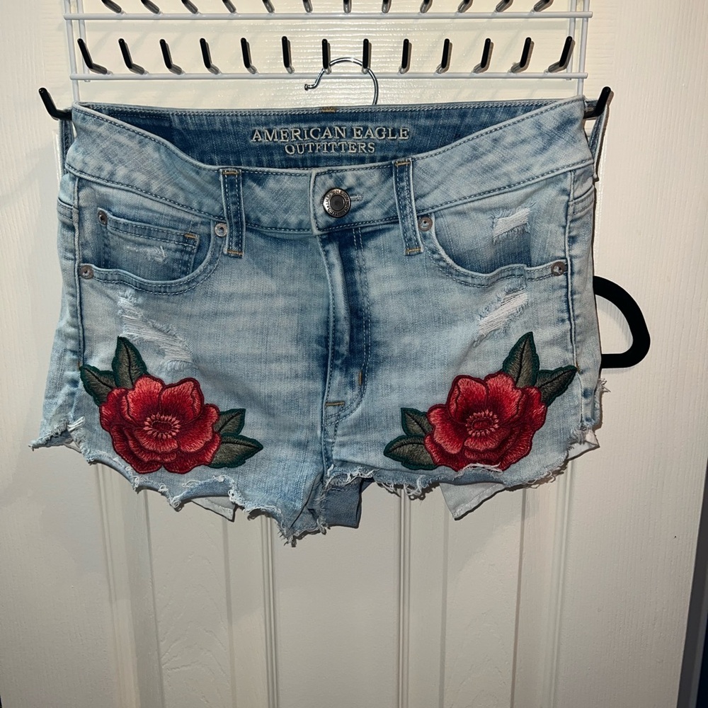 American Eagle Outfitters Light Blue Jean Shorts with Red Floral Design